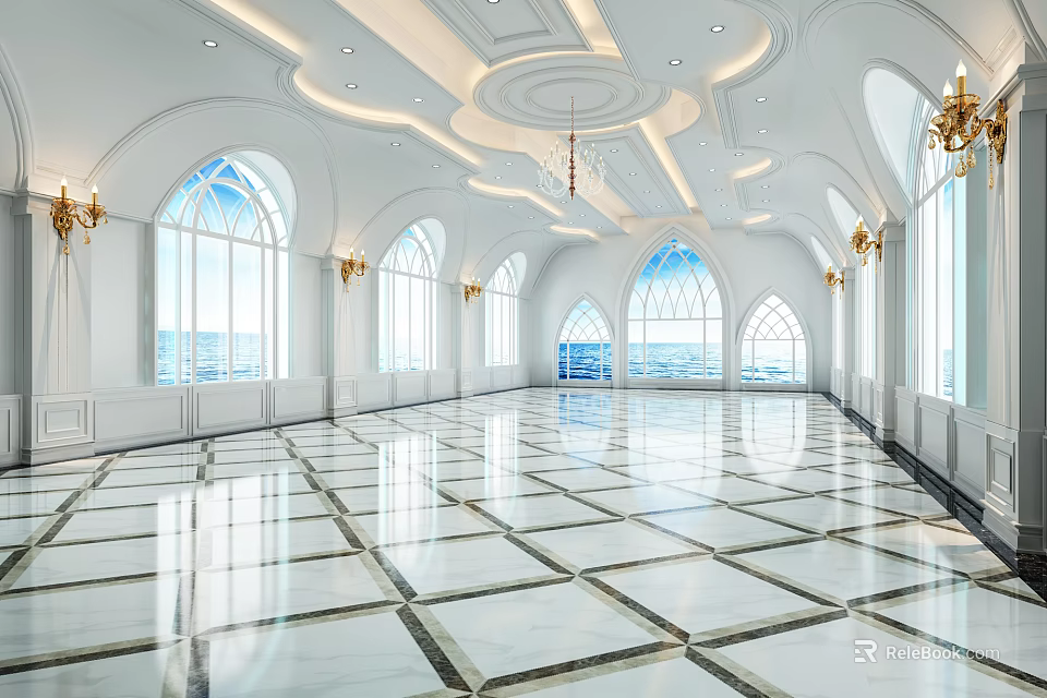 Luxurious Banquet Hall Interior Design With Arched Windows Chandelier And Marble Floor 3d model 