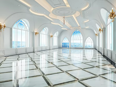 Luxurious Banquet Hall Interior Design With Arched Windows Chandelier And Marble Floor 3d model