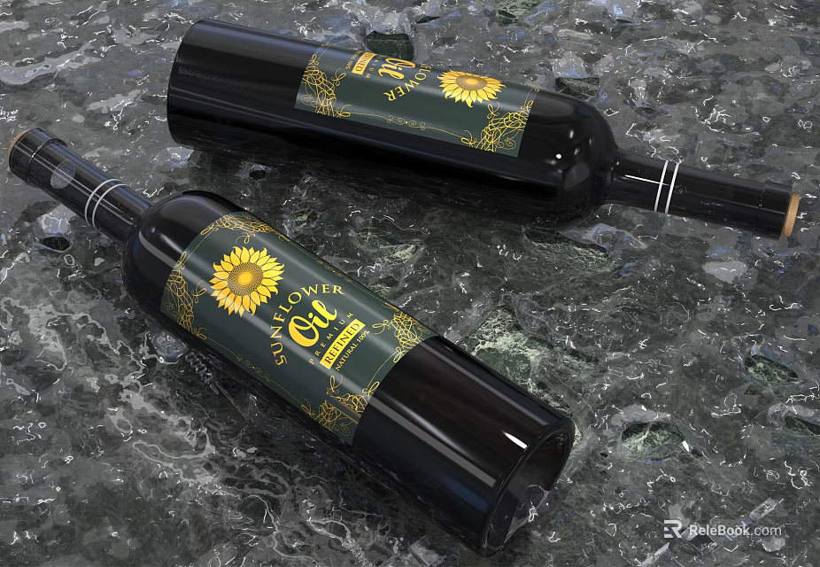 Stylish Wine Bottles And Glasses Featuring Sunflower Labels On Ice Surface 3d model 