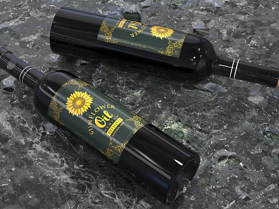 Stylish Wine Bottles And Glasses Featuring Sunflower Labels On Ice Surface 3d model