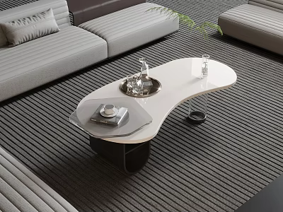 Modern Living Room Featuring Curved Coffee Table White Tabletop Tray Decorative Items And Gray Sofa 3d model