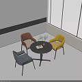 Round Table with Brown Yellow Gray Chairs Green Plant and Book in Modern Minimalist Interior