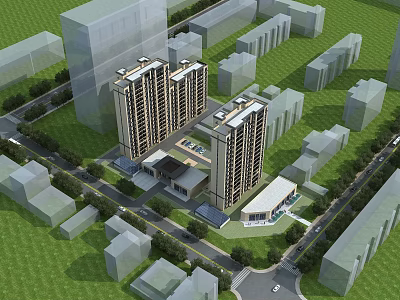 Aerial View Planning of Residential Complex With High Rise Buildings Green Spaces and Roads 3d model