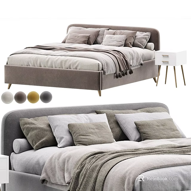 Modern Double Bed Design With Gray Upholstery Pillows Blanket And Nightstand Color Options 3d model 