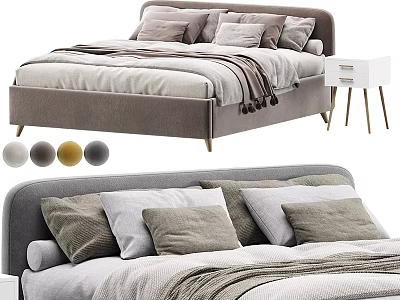 Modern Double Bed Design With Gray Upholstery Pillows Blanket And Nightstand Color Options 3d model
