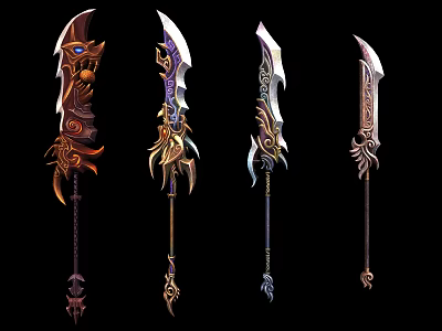 Four Ornate Decorative Weapons With Intricate Carvings And Mythical Motifs 3d model