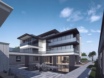 Modern Detached Villa Exterior Design With Large Glass Windows And Courtyard Area 3d model