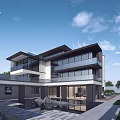 Modern Detached Villa Exterior Design With Large Glass Windows And Courtyard Area