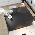 Modern Kitchen Interior With White Cabinets Island Counter Hanging Lights And Wooden Flooring
