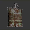 Rusted Cylindrical Weapon With Green Red Rust Metal Bolts And Top Valve