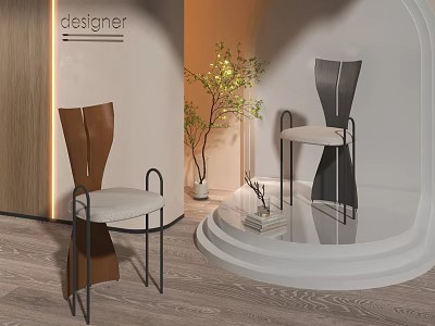 Leisure Chairs Brown Black Metal Frame White Cushioned Seats In Modern Display With Green Plant 3d model