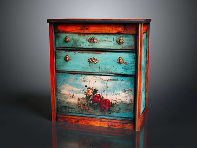 Vintage Painted Drawer Cabinet With Turquoise Orange Finish Golden Handles And Hand Painted Floral Design 3d model