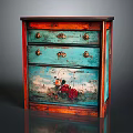 Vintage Painted Drawer Cabinet With Turquoise Orange Finish Golden Handles And Hand Painted Floral Design