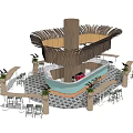 Outdoor Casual Table And Chair Set With Thatched Roof Bar Counter And Plants