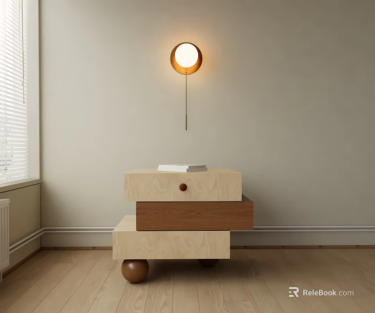 Modern Chest of Drawers with Mixed Wood Tones Round Wooden Legs and Wall Lamp 3d model 