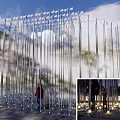 Modern Silver Landscape Columns with Mist Lighting and People in Outdoor Area