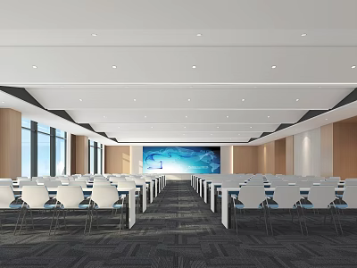 Modern Conference Room With Long Tables White Chairs Large Screen And Floor To Ceiling Windows 3d model