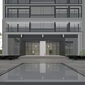 Modern Building Entrance Door With Glass Curtain Wall And Water Reflection
