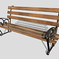 Sturdy Outdoor Wooden Bench With Slatted Seat Back And Metal Armrests Frame