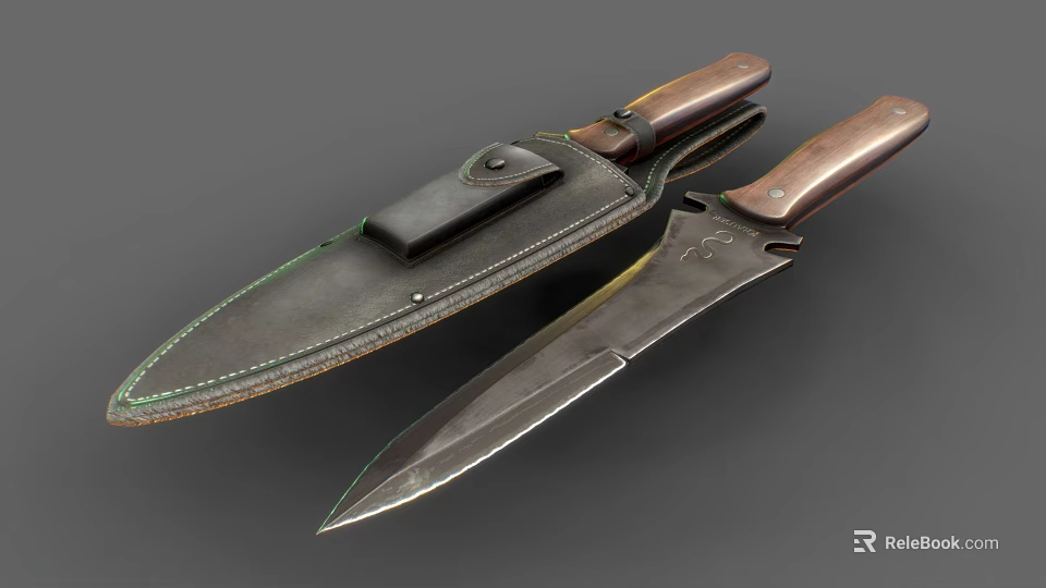 Tactical Weapon Double Knives With Wooden Handles Metal Blades And Leather Sheath 3d model 