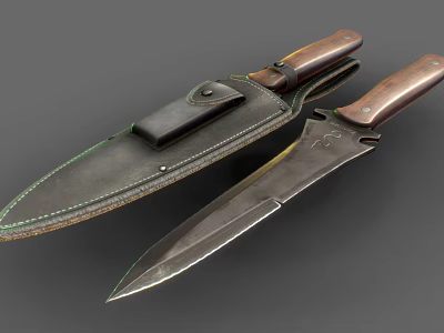 Tactical Weapon Double Knives With Wooden Handles Metal Blades And Leather Sheath 3d model