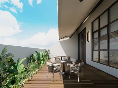 Outdoor Leisure Area With Wooden Deck Wicker Furniture And Green Plants Under Blue Sky 3d model