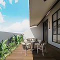 Outdoor Leisure Area With Wooden Deck Wicker Furniture And Green Plants Under Blue Sky