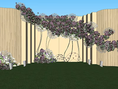 Outdoor Floral Decoration With Purple White Flowers And Wooden Backdrop On Green Lawn 3d model