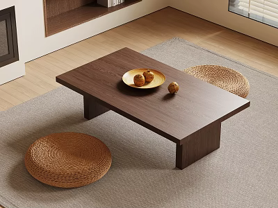 Modern Wooden Tea Table And Woven Stools Interior With Golden Tray And Area Rug 3d model