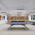 Indoor Recreational Lounge With Wooden Tables Billiard Table Art Decor And Plants
