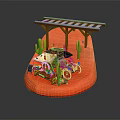 Cartoon Scene With Cute Snack Cart Green Cactus And Wooden Shelter On Red Sandy Ground