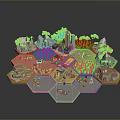 Hexagonal Scenic Model Landscape Featuring Rocky Mountains Green Vegetation Blue Water And Small Structures