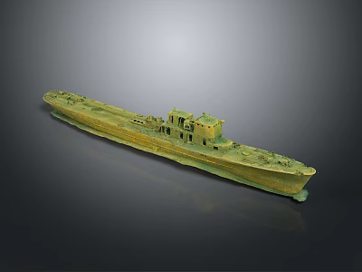 Vintage Bronze Ship Model With Detailed Deck Structure On Gray Background 3d model