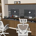 Modern Home Office Interior With Dual Monitors Perforated Wall And LED Lighting