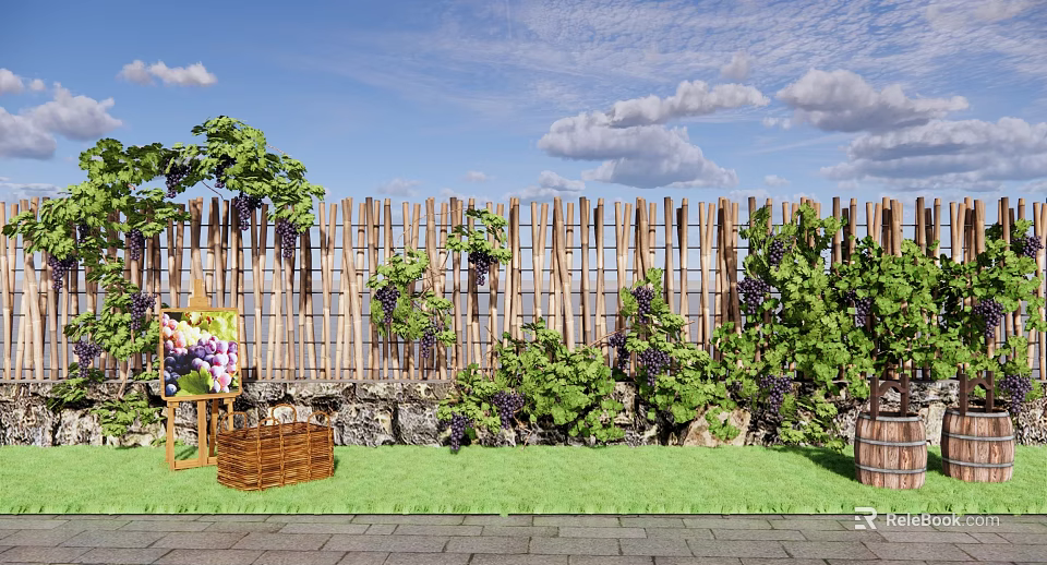 Arbor Covered With Grape Vines Next To Wooden Fence In Green Grass Garden 3d model 