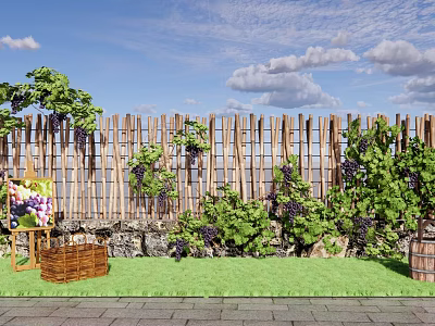 Arbor Covered With Grape Vines Next To Wooden Fence In Green Grass Garden 3d model