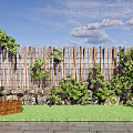Arbor Covered With Grape Vines Next To Wooden Fence In Green Grass Garden