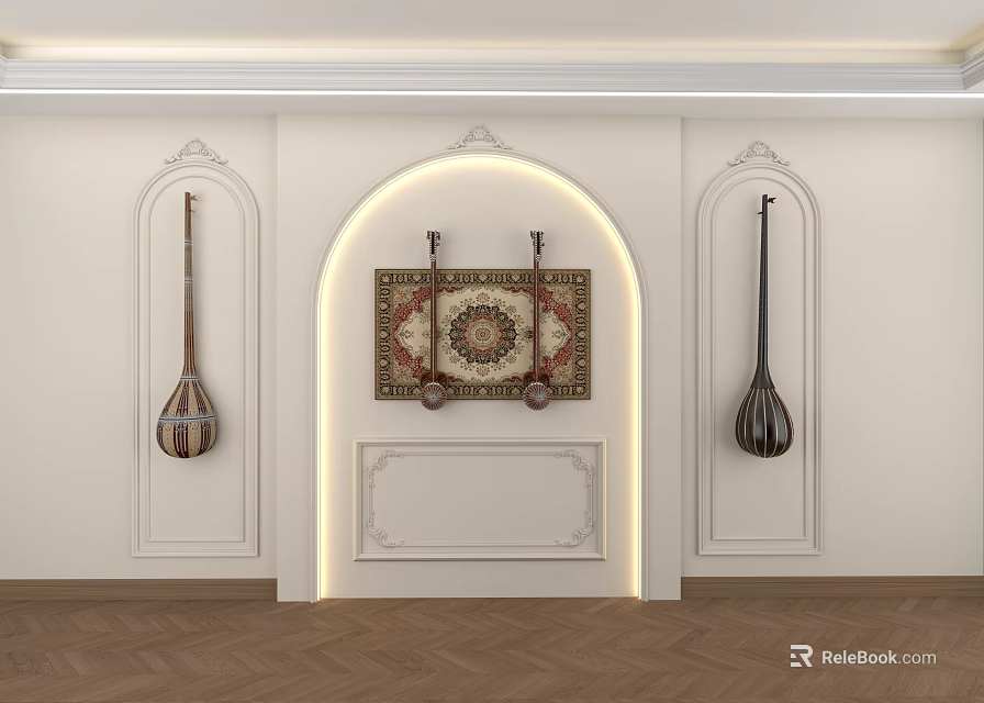 Elegant White Background Wall With Arched Design Decorative Rug And String Instruments 3d model 