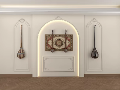 Elegant White Background Wall With Arched Design Decorative Rug And String Instruments 3d model