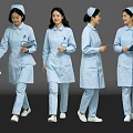 Professional Female Nurses In Blue Uniforms Walking With Medical Documents