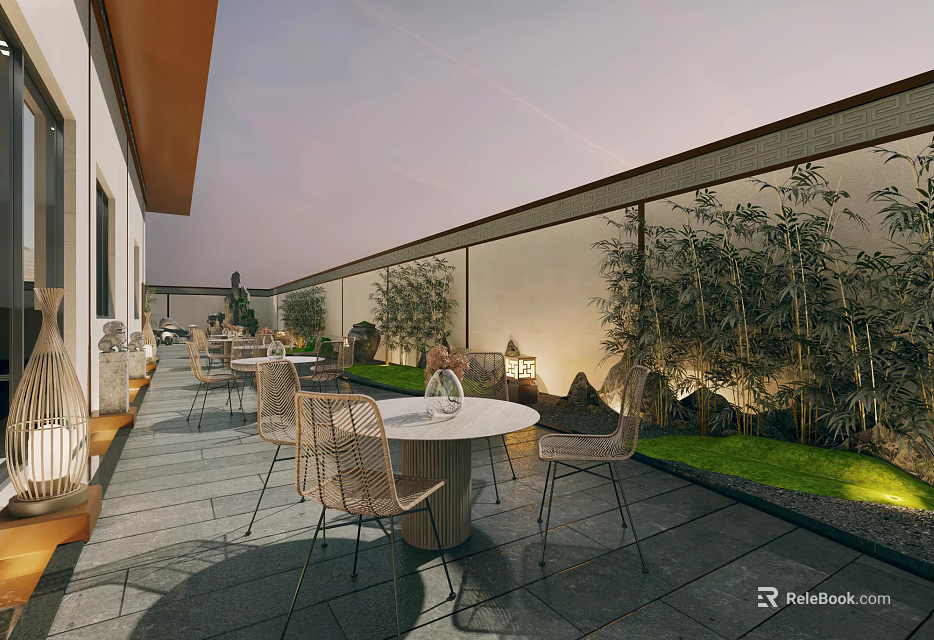 Tranquil Terrace Garden Landscape Featuring Outdoor Seating Bamboo Plants Greenery And Stone Paving 3d model 