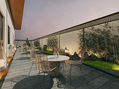 Tranquil Terrace Garden Landscape Featuring Outdoor Seating Bamboo Plants Greenery And Stone Paving 3d model