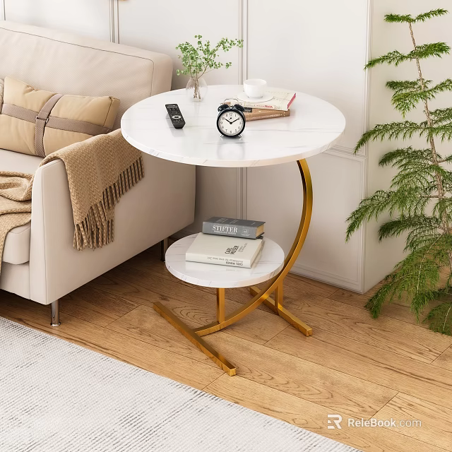 Round Accent Table With White Marble Top Golden Frame Lower Shelf By Beige Sofa 3d model 