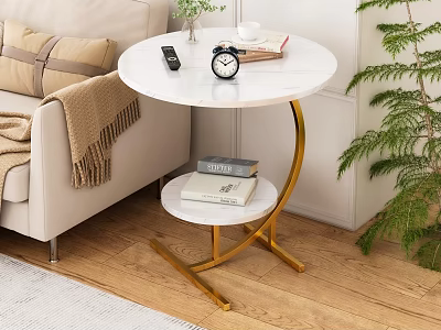 Round Accent Table With White Marble Top Golden Frame Lower Shelf By Beige Sofa 3d model