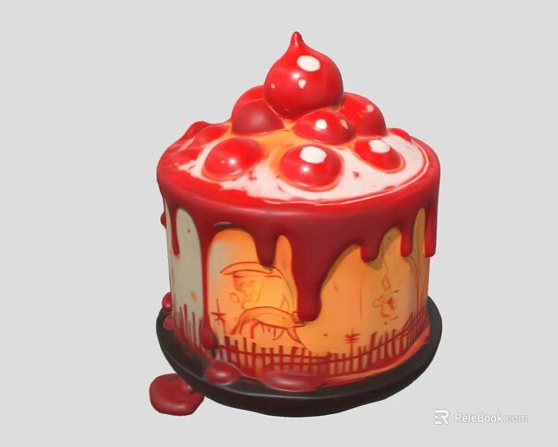 Red Cake With Dripping Icing Red Cherry Toppings And Hand-painted Design 3d model