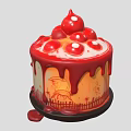 Red Cake With Dripping Icing Red Cherry Toppings And Hand-painted Design 3d model