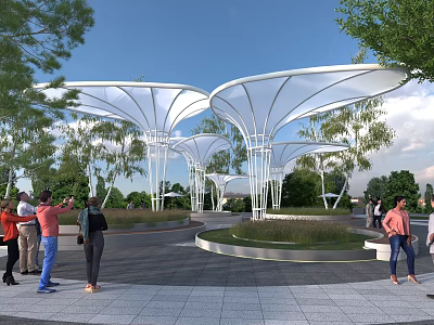 Modern White Membrane Canopy Pergola In Park With Trees And People Gathering 3d model