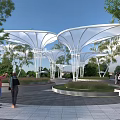 Modern White Membrane Canopy Pergola In Park With Trees And People Gathering