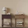 Dark and Light Wooden Bedside Tables With Drawer Storage Lamp Books And Decorative Items