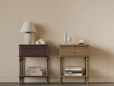 Dark and Light Wooden Bedside Tables With Drawer Storage Lamp Books And Decorative Items 3d model